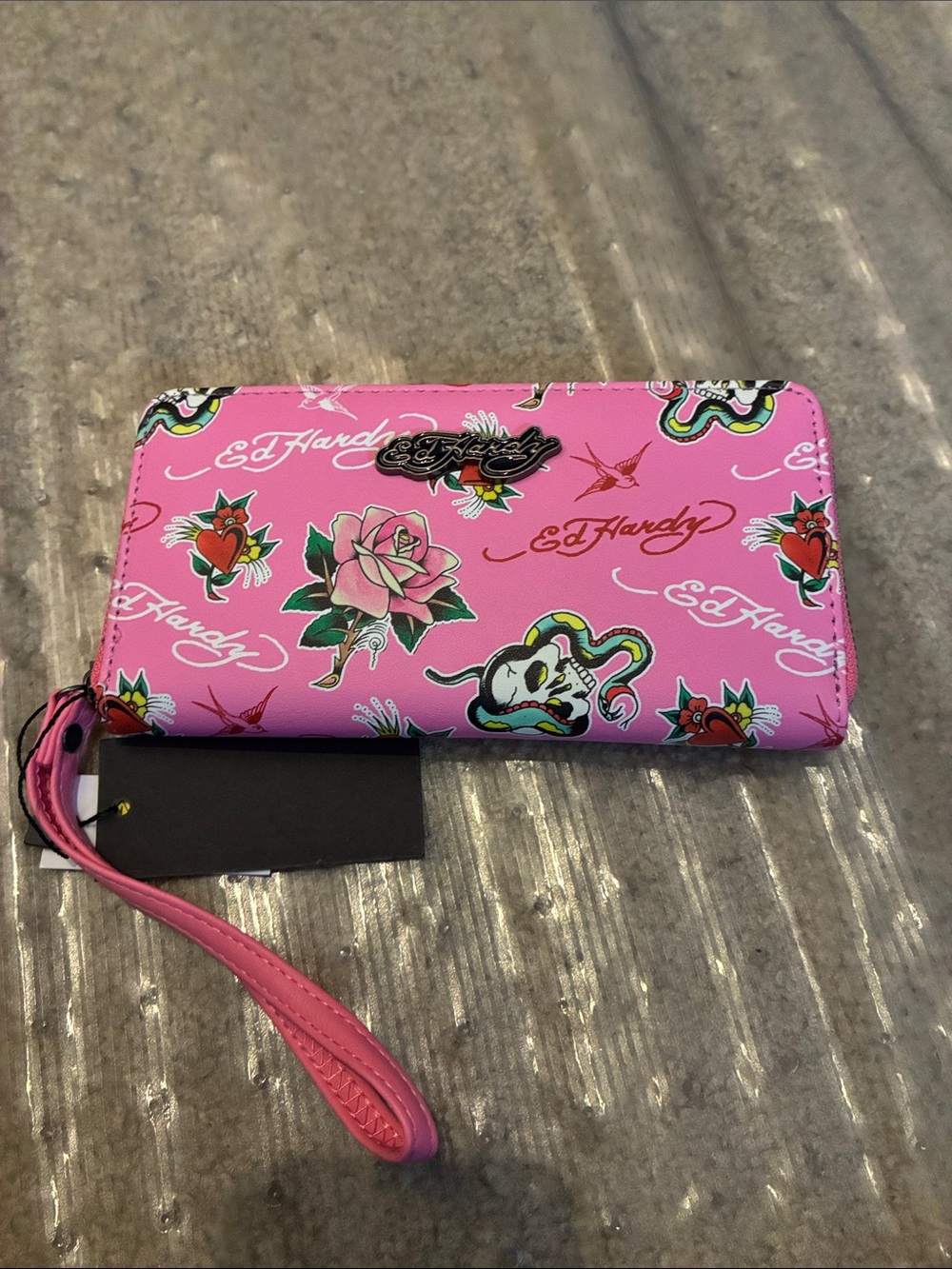 Ed Hardy Pink Tattoo-Print Wristlet Wallet with Floral Motifs